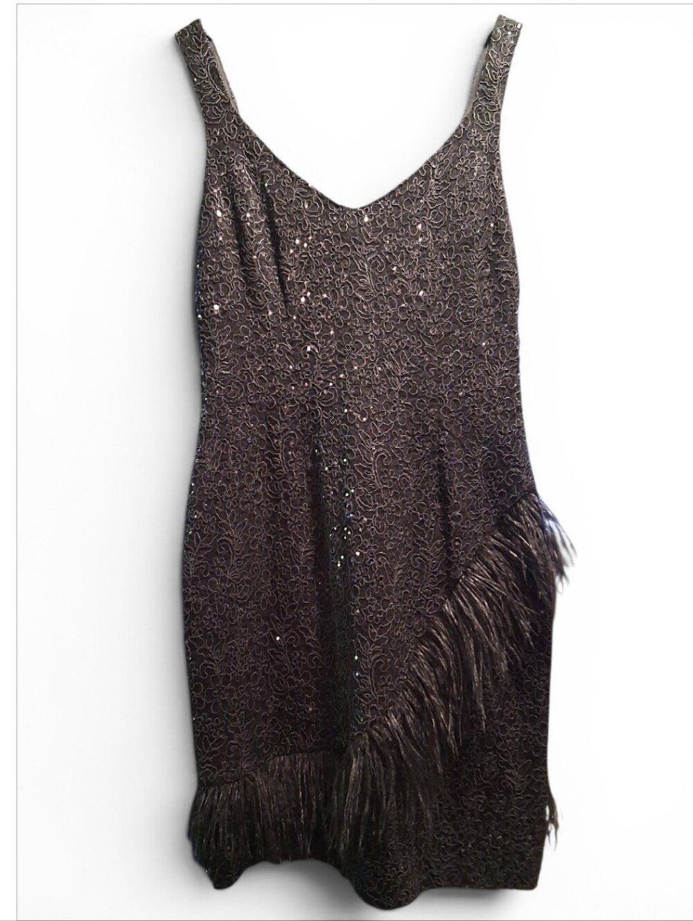 Laundry By Shelli Segal Black Sequin Embellished Dress Faux Feather Trim Size 10